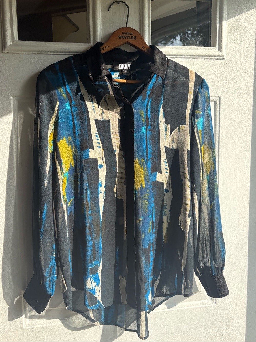 DKNY Women’s XS Abstract Sheer Blouse Blue, Yellow & Cream Brushstroke Print